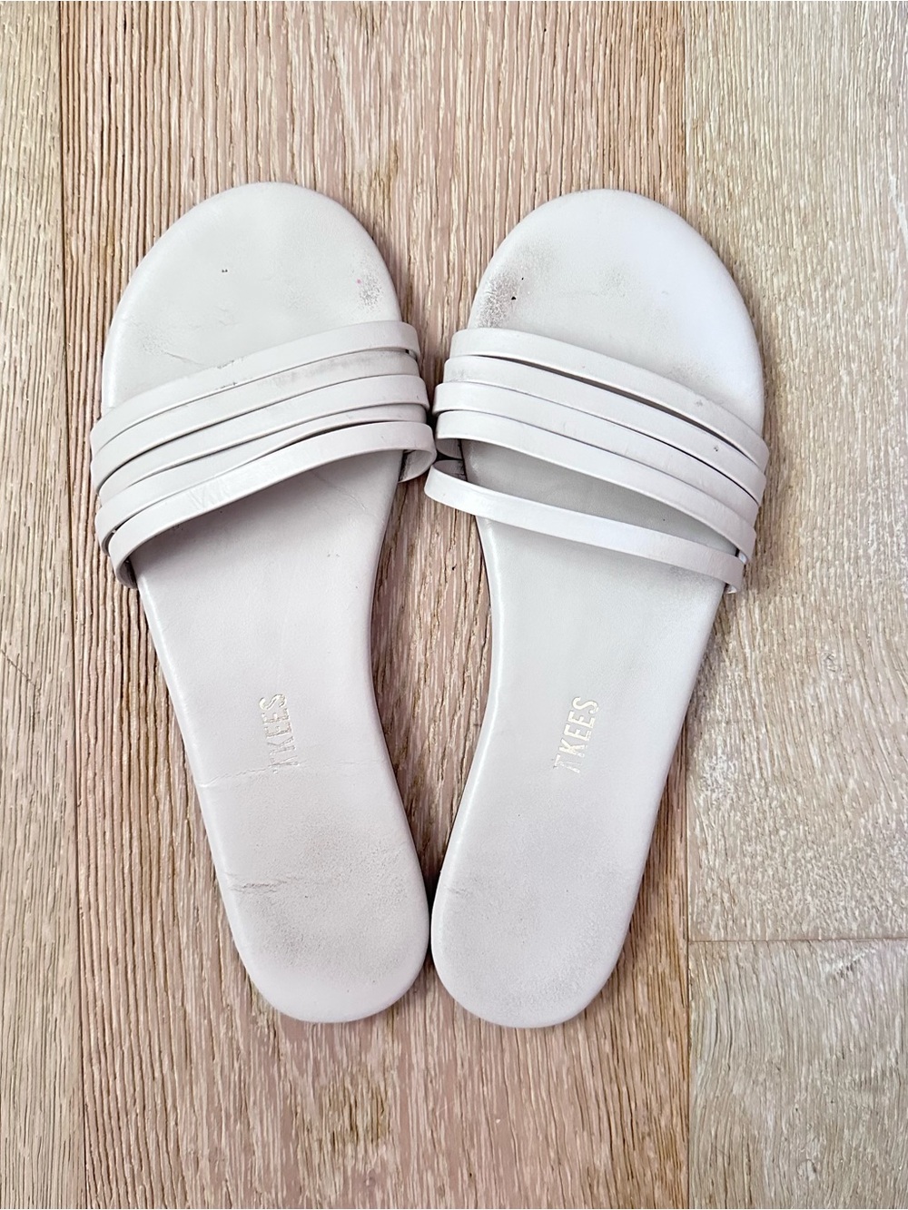 TKEES Women's Light Beige Multi-Strip Slide Sandals